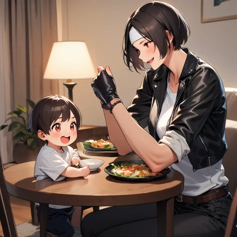 Masterpiece, super high resolution, perfect anatomy, (Fidelity: 1.4), laughing, short-haired boy, 25-year-old woman and boy, black hair, short cut, dark skin, red eyes, woman wearing ((black leather jacket with rolled up arms)), fingerless gloves, black ha...