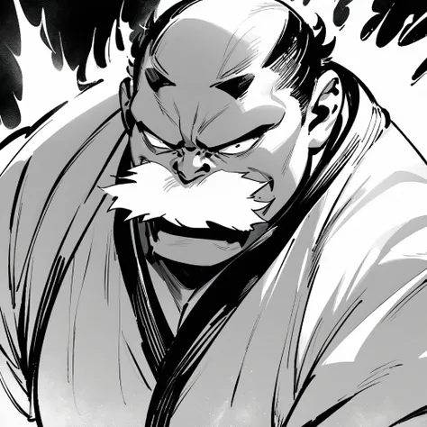 Top quality, masterpiece, high resolution, monochrome, sumi-e, gekiga style, male, sumo wrestler, Powerful aura, dignified appearance, close-up


