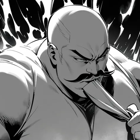 Top quality, masterpiece, high resolution, monochrome, sumi-e, gekiga style, male, Japanese sumo wrestler, Tying a mustache,Powerful aura, dignified appearance, close-up


