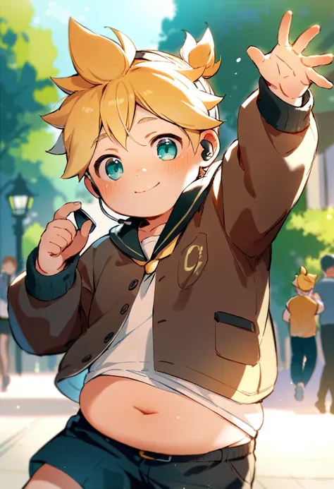 1 boy, (male child), (Kagamine Len), (cute), significantly overweight, brown jacket, chubby, earphone, (belly button exposed), embarrassed smile, walking on a street, waving to the viewer