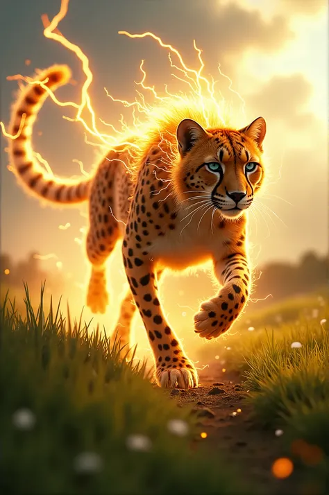 lightning cheetha, lightning mane, running. Green field image background! 