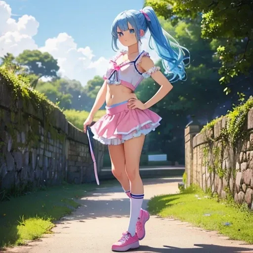 a petite  teenage feminine girl with blue hair in a ponytail, blue eyes, thin waist and navel wearing a silky badminton uniform with light pink very frilly Halter-Neck feminine blouse and a short pink feminine frilly skirt, revealing and bold pose, with ma...