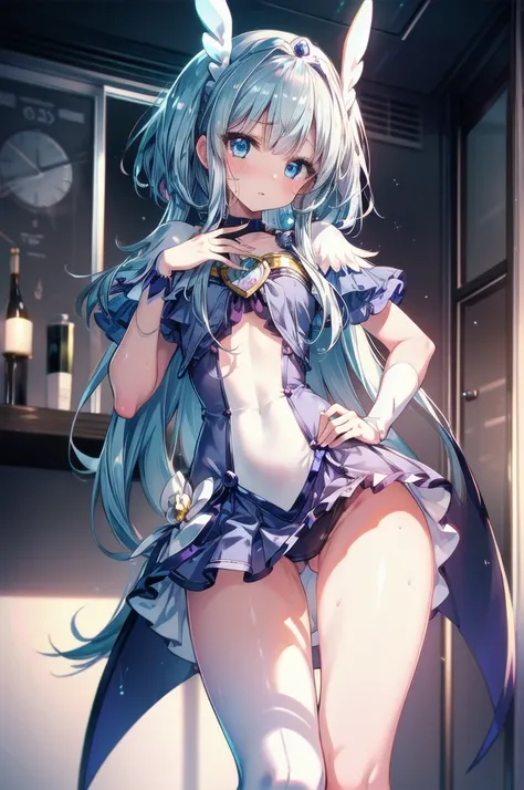 (Highly detailed CG), (最High image quality), 1 girl, 完璧なface,  Cure Beauty，Shiny skin, Glowing skin, Wide Hips,Narrow waist, ((Cure Beauty)),bangs,blue eyes,Sweaty，skirt，Leotard Peep，thighhighs， ((day:1.5)),indoor, ((Highly detailed background)), Cowboy Sh...