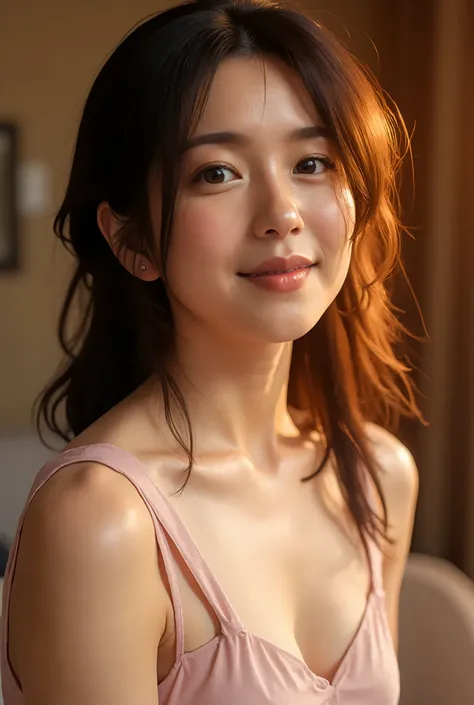 1 asian woman, solo, close up, slender, white Brause and pink mini-skirt, soft smiling, (best quality,8k,highres,masterpiece:1.3), ultra-detailed, (realistic,photorealistic,photo-realistic:1.37), portrait, cinematic, warm lighting, medium format, golden ho...