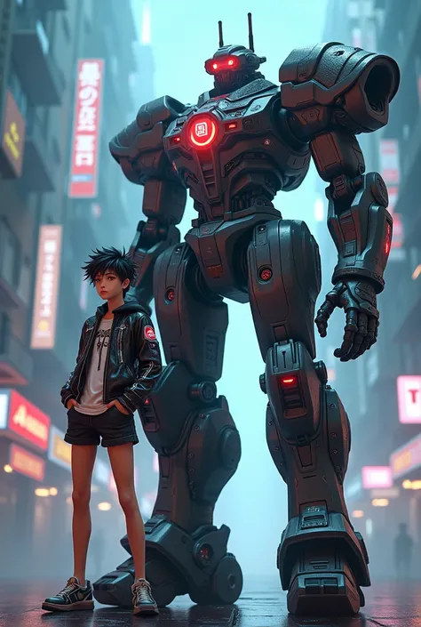 anime boy  in short shorts and jacket standing next to giant robot, artwork in the style of guweiz, cyberpunk anime boy mech, trending on cgstation, guweiz, by Russell Dongjun Lu, digital cyberpunk anime art, ross tran 8 k, guweiz on artstation pixiv, girl...