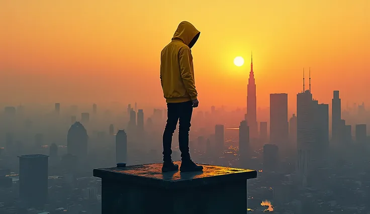 Illustrate a full-length man wearing a yellow hoodie and black pants. The face should be hidden, creating an aura of mystery.
On a rooftop, with a panoramic view of the city at sunset.