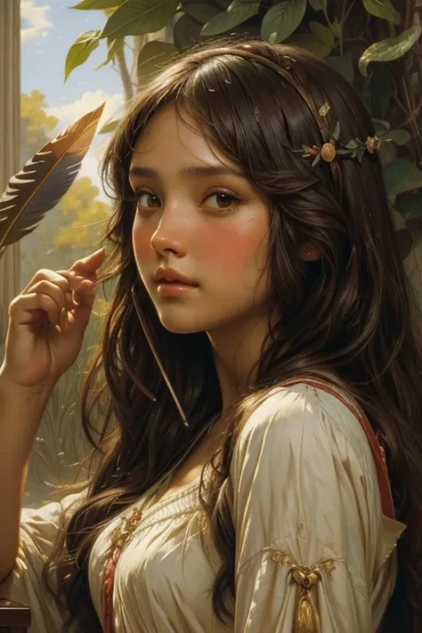 Classical art portrait painting of teen Jessica Alba enticing with a feather, (Academic Art:1.4), Eugene De Blaas, John William Godward, Bouguereau