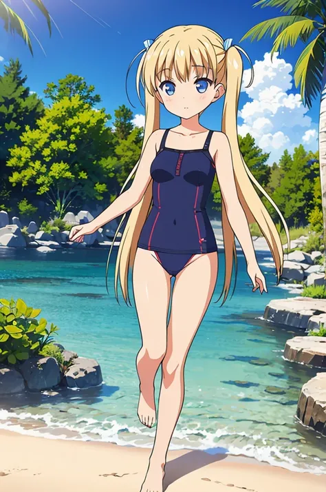 1 beautiful tinny girl, great image quality, ray tracing , dark red swinsuit, blue eyes, perfect anatomy, full body, sea background