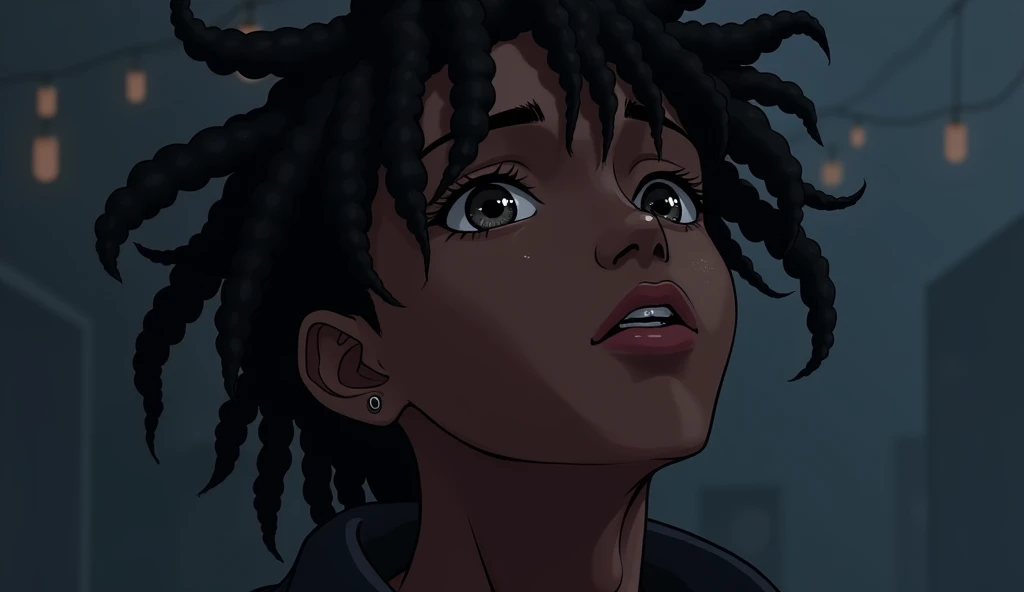 a black anime boy with dreadlocks, head tilted up slightly, beautiful detailed eyes, beautiful detailed lips, extremely detailed face, longeyelashes, dynamic pose, cinematic lighting, dark color palette, digital art, 8k, highly detailed, photorealistic, ma...