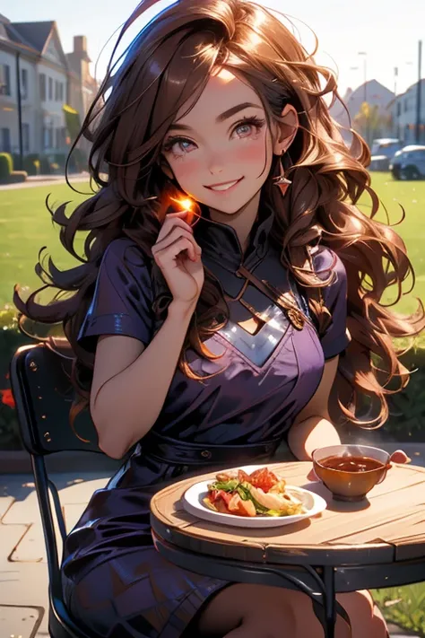 Perfect face. Perfect hands. A brown haired woman with copper eyes with an hourglass figure in a violet dress is smiling while eating lunch in the school garden