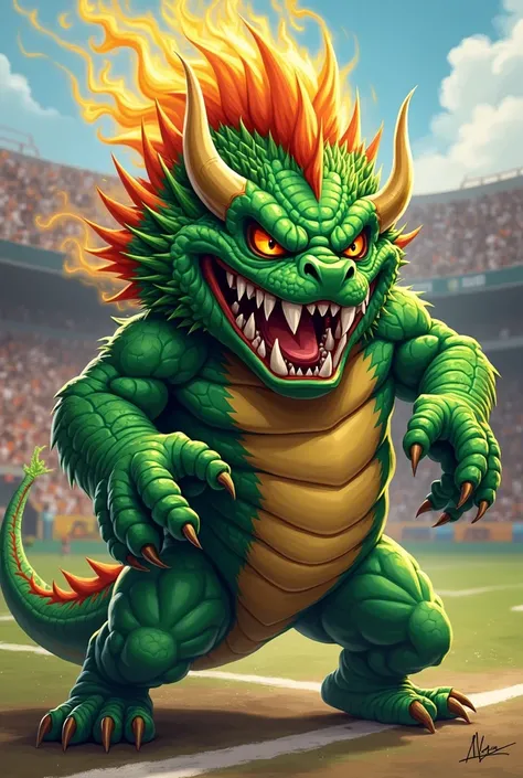 A green dragon mascot with an evil face, fire coming out of its mouth with yellow parts, like a cartoon football mascot 