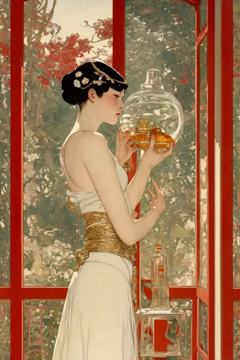 Charles Folkard, Helen Jacobs, Henry Raleigh, Coles Phillips, Franco Brambilla, Surrealism, wonder, strange, bizarre, fantasy, Sci-fi, Japanese anime, kingdom in a glass bottle, a beautiful high school girl in a miniskirt who rests her chin on her chin and...