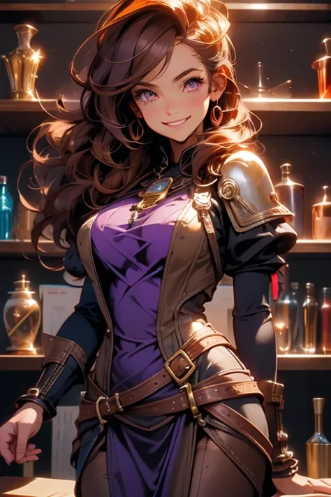 Perfect face. Perfect hands. A brown haired woman with copper eyes with an hourglass figure in a violet dress is smiling while helping her students in her steampunk classroom