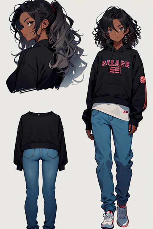 A female character wearing a black sweatshirt with a random print, wearing normal pants, Her appearance is that of a girl of approximately 20 years old, brunette with wavy black hair with white streaks at the ends., a darker skin color with curly hair