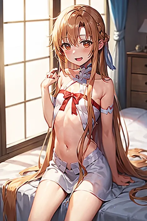 ((Best Quality)), ((masterpiece)), (be familiar with), Perfect Face, indoor, bedroom, Watching the audience,
One woman, Yuuki Asuna,
Open Mouth, Ecstatic expression, blush, smile,
Small breasts, Flat Chest, , , child, Girl,
Long Hair, Long Hair,
Leg spread...