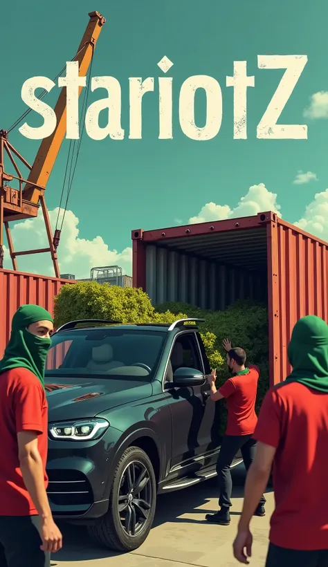 An animated image where a container full of cannabis is being unloaded at a container port by several people and all of the people are wearing a Moroccan jersey and are fully masked and the entire cannabis is being loaded into the trunk of a Mercedes SUV a...