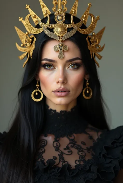 a image features a striking woman with dark, long, and sleek hair styled elegantly, adorned with an elaborate golden headpiece. The headpiece is celestial-themed, with intricate crescent moon shapes and embellishments that add to the regal and mystical vib...