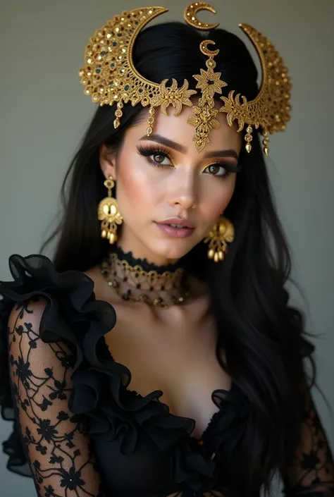 a image features a striking woman with dark, long, and sleek hair styled elegantly, adorned with an elaborate golden headpiece. The headpiece is celestial-themed, with intricate crescent moon shapes and embellishments that add to the regal and mystical vib...