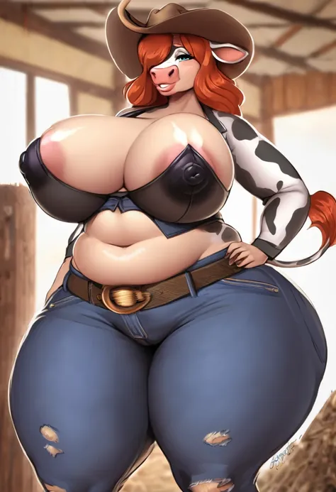 Furry, nsfw, Bovine, A female cow, redhead, slightly chubby, pear shaped body , curvy, massive ass, massive hips, thick thighs, massive tits, extremely long nipple, ((dressed as a sexy cowgirl)), ripped pants