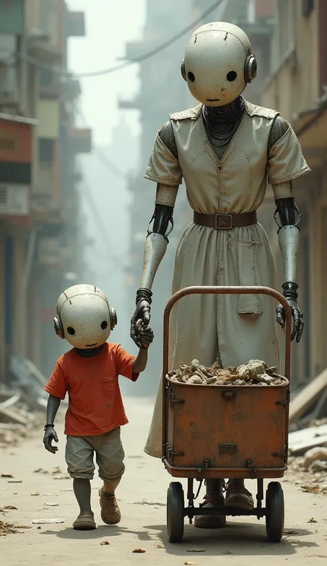 A small, worn-out robot, about the size of a child, walks hand in hand with its taller, slightly more weathered mother robot. Both are wearing tattered clothing: the small robot has on a faded, torn red t-shirt, while the mother robot wears a ripped, pale ...