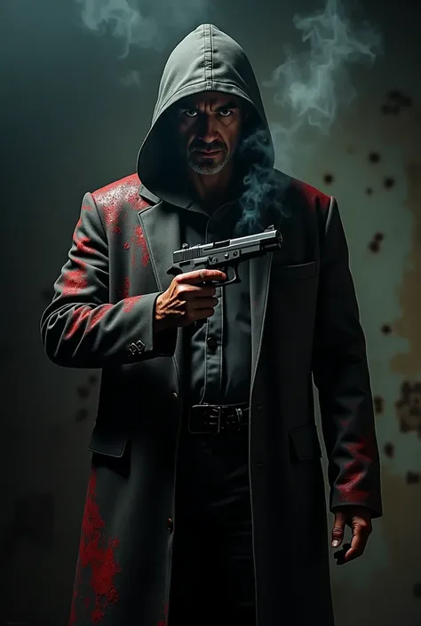 a killer with a gun and blood on his clothes, hyper realistic, cinematic lighting, dark and moody atmosphere, highly detailed, extreme realism, dramatic, (best quality,4k,8k,highres,masterpiece:1.2),ultra-detailed,(realistic,photorealistic,photo-realistic:...