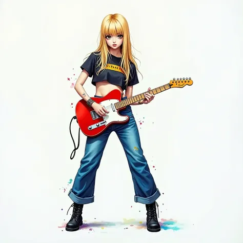 A full-body , ink line , watercolor painting , cute idol with very beautiful blonde hair, Long straight silky hair, Mysterious ly dazzling blonde, Strange bangs above the eyes, Bangs covers her eyes, Facial hair, Happy , standing and playing a Red Telecast...