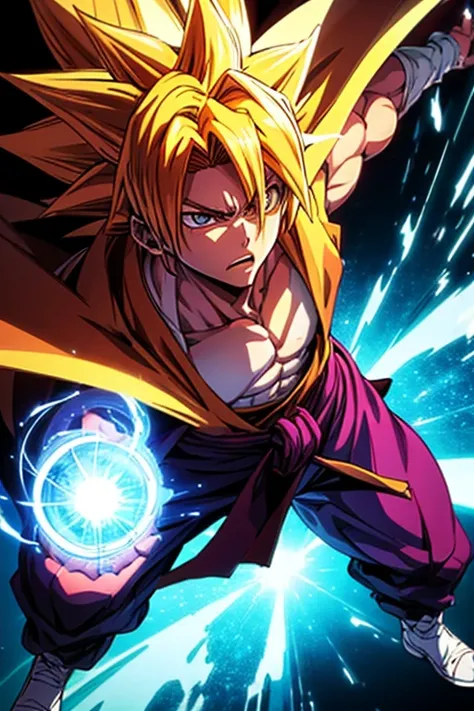 A anime boy in Super Saiyan 2 with detailed muscle , body, eyes , hair, detailed background and digital art