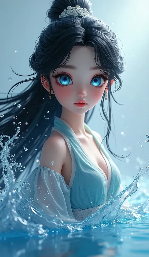 Cute 1girl, Solo, Traditional dress, Water splash, Long Hair, Black Hair, 3D Rendering, big glowing Blue eyes, Masterpiece, Accurate, High Resolution, Detail, High Details, High Quality, Eye Reflection, Glowing blue Eyes, 3D model, 3D rendering, Less reali...