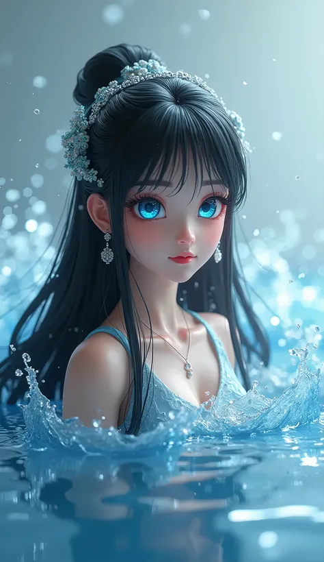 Cute 1girl, Solo, Traditional dress, Water splash, Long Hair, Black Hair, 3D Rendering, big glowing Blue eyes, Masterpiece, Accurate, High Resolution, Detail, High Details, High Quality, Eye Reflection, Glowing blue Eyes, 3D model, 3D rendering, Less reali...