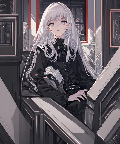 masterpiece, Best Quality, High image quality, Super detailed, 1 person, Platinum silver hair, Grey Eyes, Black Shirt, Black Choker, Long sleeve, White background, Portrait,Gothic style,Handsome,Shortcuts, 