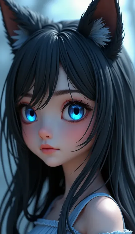 Cute 1girl, Solo, Wolf ears, Long Hair, Black Hair, 3D Rendering, big glowing Blue eyes, Masterpiece, Accurate, High Resolution, Detail, High Details, High Quality, Eye Reflection, Glowing blue Eyes, 3D model, 3D rendering, Less realistic, Animated, Closeu...