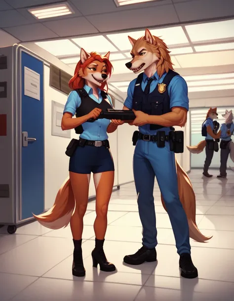 score_9, score_8_up, score_7_up, score_6_up, kate, wolf, anthro,  lineart, black, police vest, airport cargo room, sniffling boxes 