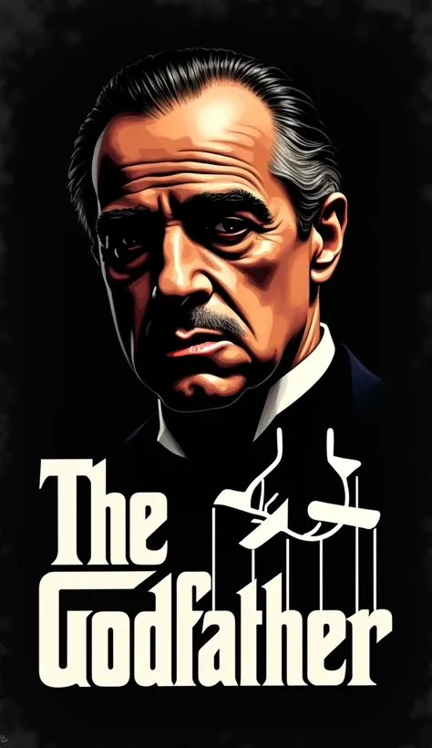 Illustration for the film "Godfather" made in pulp style, black background, in the image of Al Pacino, at the bottom and on the left the inscription literally Godfather in a beautiful font in white