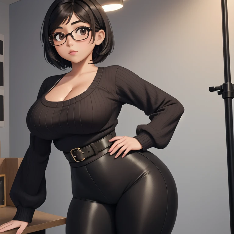 a cute petite short skinny slightly curvy emo mexican girl, short wild volumetric hair, one wearing glasses, beautiful detailed ...