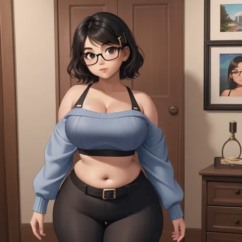 a cute petite short skinny slightly curvy emo mexican girl, short wild volumetric hair, one wearing glasses, beautiful detailed ...