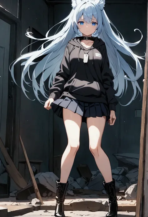 anime, best quality, labor,  destruction,   Fox girl, very very long silver-blue hair,  blue eyes,  sad look,  no underwear,  black offer longer ripped hoodie,  very short pleated skirt black,  black over-the-knee boots,  high-heeled shoes, collar with dog...