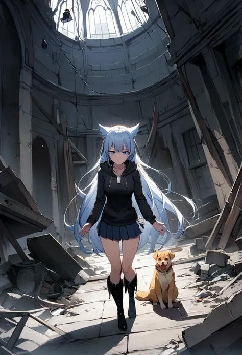 anime, best quality, labor,  destruction,   Fox girl, very very long silver-blue hair,  blue eyes,  sad look,  no underwear,  black offer longer ripped hoodie,  very short pleated skirt black,  black over-the-knee boots,  high-heeled shoes, collar with dog...