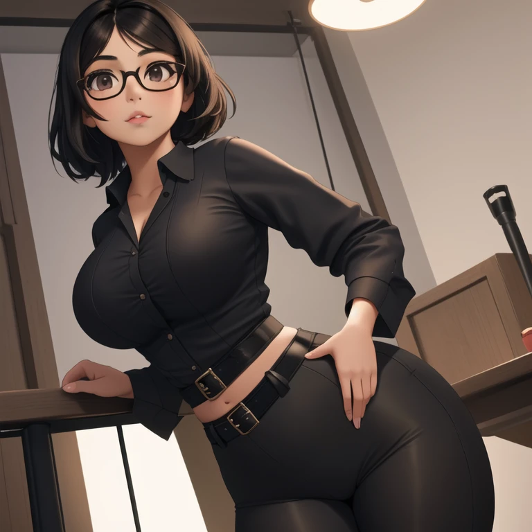 a cute petite short skinny slightly curvy emo mexican girl, short wild volumetric hair, one wearing glasses, beautiful detailed ...