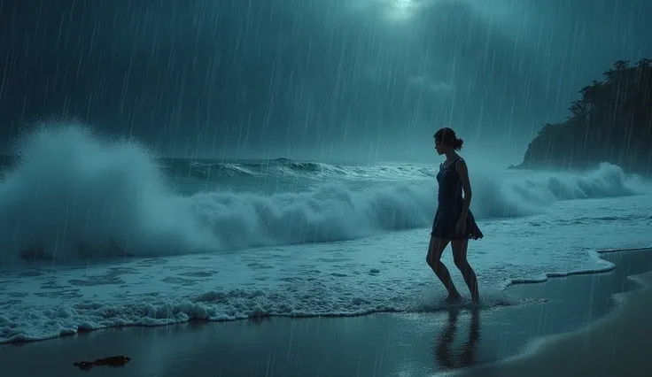 "A woman is seen tossed about on the beach, amidst the darkness of night, with heavy rain pouring down. The scene captures the wildness of the storm, with the waves crashing around her and the rain blurring the surroundings. The woman appears vulnerable, h...