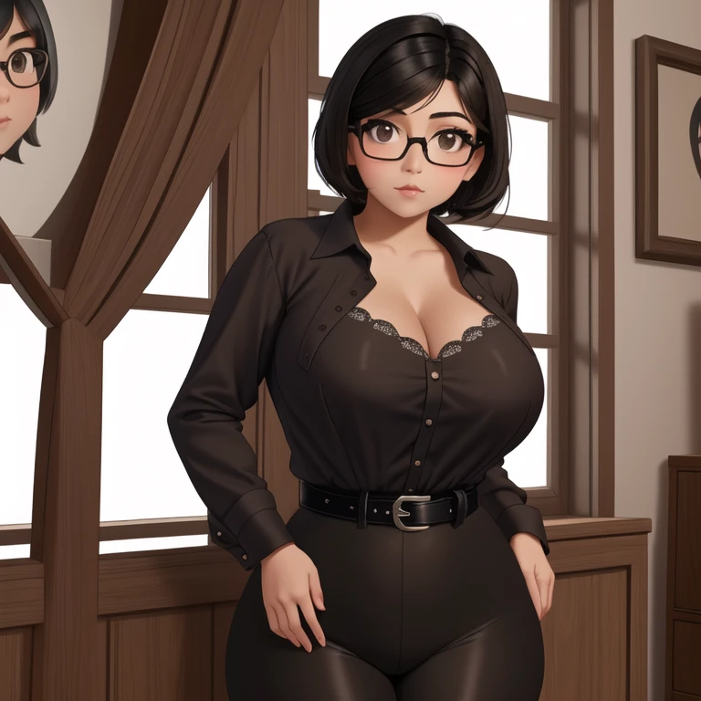 a cute petite short skinny slightly curvy emo mexican girl, short wild volumetric hair, one wearing glasses, beautiful detailed ...