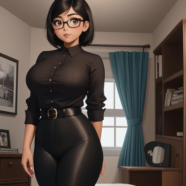 a cute petite short skinny slightly curvy emo mexican girl, short wild volumetric hair, one wearing glasses, beautiful detailed ...