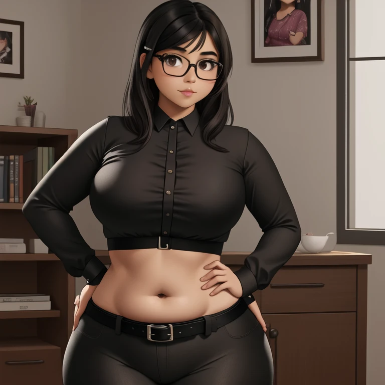 A cute awkward petite short skinny slightly curvy emo mexican girl, medium wild volumetric hair, one wearing glasses, beautiful detailed brown eyes, cutely detailed lips, extremely cute detailed eyes and face, busty, voluptuous breasts, wide curvy pearshap...