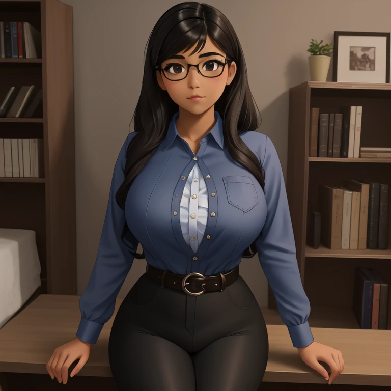 a cute awkward petite short skinny slightly curvy dark skin mexican girl, medium wild volumetric hair, one wearing glasses, beau...