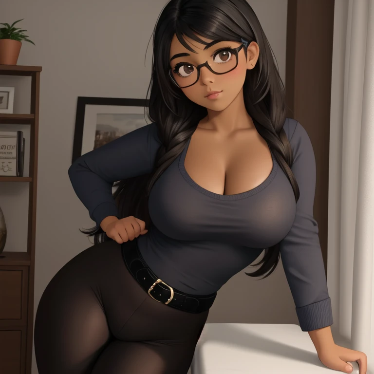 a cute awkward petite short skinny slightly curvy dark skin mexican girl, medium wild volumetric hair, one wearing glasses, beau...