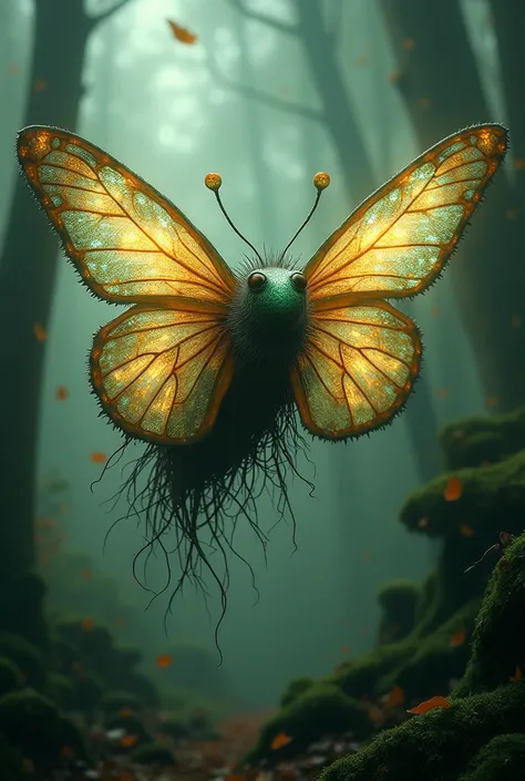 Imagine a magical creature called &#39;Haspero Butterfly&#39;.&#39;Her body is delicate like that of a butterfly, with large, beautiful wings displaying intricate patterns of bright colors and a weathered appearance suggesting a history of struggle. The wi...