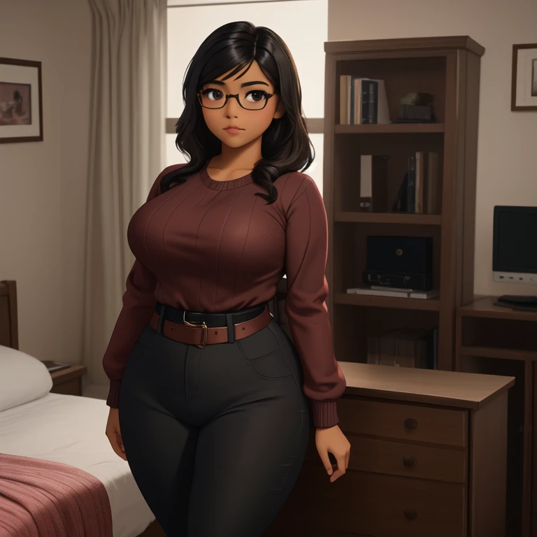 A awkward petite short skinny slightly curvy dark skin mexican girl, medium wild volumetric hair, one wearing glasses, beautiful detailed brown eyes, cutely detailed lips, extremely cute detailed eyes and face, busty, voluptuous breasts, wide curvy pearsha...