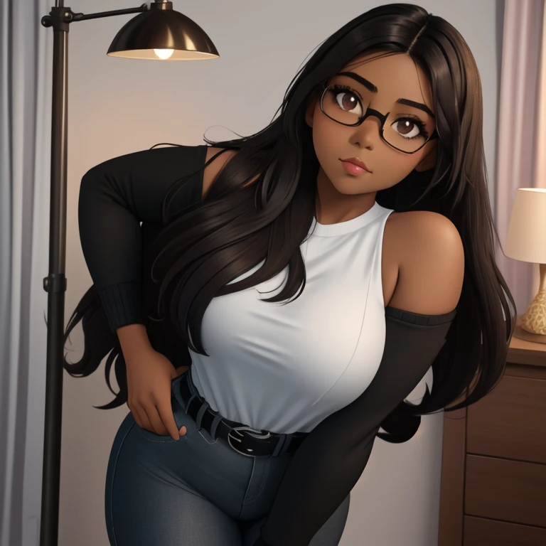 A awkward petite short skinny slightly curvy dark skin mexican girl, medium wild volumetric hair, one wearing glasses, beautiful detailed brown eyes, cutely detailed lips, extremely cute detailed eyes and face, busty, voluptuous breasts, wide curvy pearsha...