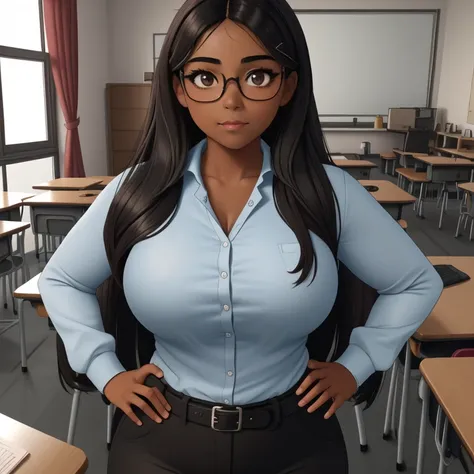 A awkward petite short skinny slightly curvy dark skin mexican teacher, medium wild volumetric hair, one wearing glasses, beautiful detailed brown eyes, cutely detailed lips, extremely cute detailed eyes and face, busty, voluptuous breasts, wide curvy pear...