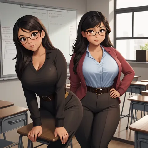 a awkward petite short skinny slightly curvy tan skin mexican teacher, medium wild volumetric hair, one wearing glasses, beautif...