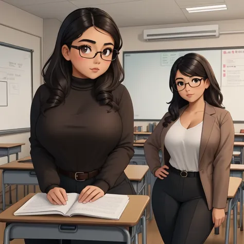 An awkward cute petite short skinny slightly curvy tan skin mexican teacher, medium wild volumetric hair, one wearing glasses, beautiful detailed brown eyes, cutely detailed lips, extremely cute detailed eyes and face, busty, voluptuous breasts, wide curvy...